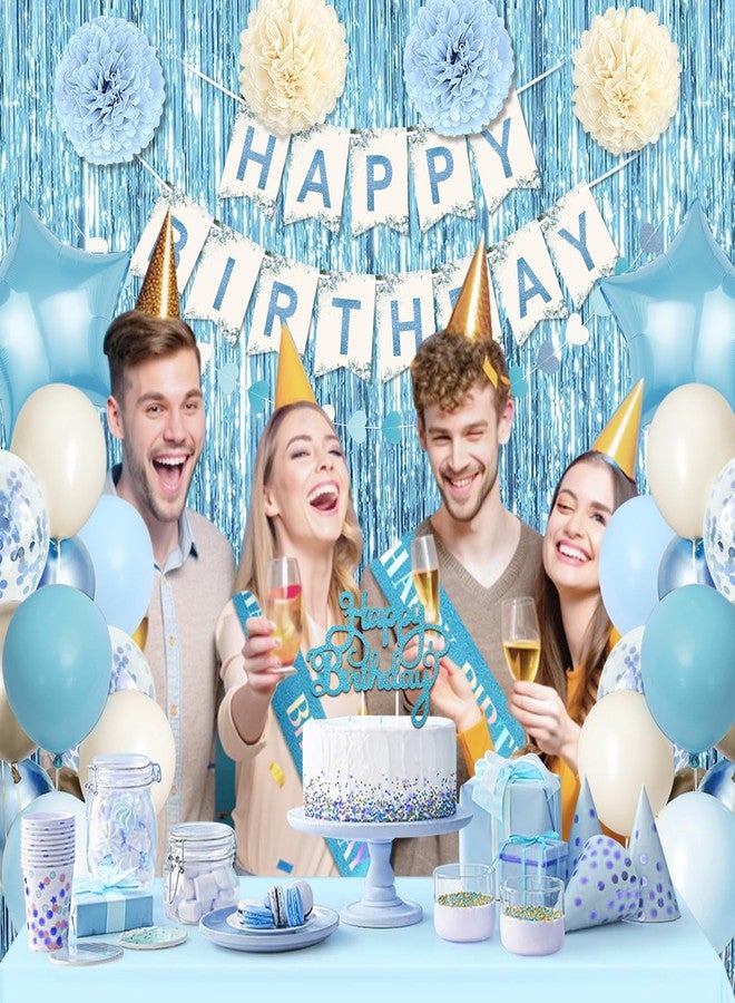 Fantspati Blue Birthday Decorations, Blue Party Decor with Balloons Happy Birthday Banner Birthday Sash Tablecloth Fringe Curtain Light Blue Bday Decorations for Baby Boys Girl Men Women - Image 4